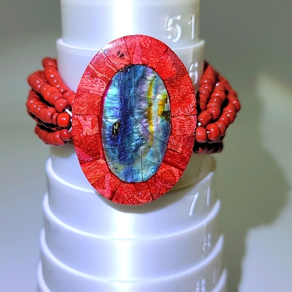 Abalone Red Sponge Coral Seed Beaded Stretch Bracelet Beads Petite - Picture 6 of 8